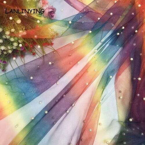 Coloful Gradual Change Color Soft Fabric Beaded Embroidered Mesh Fabric Home Decoration DIY Handmade Women Wedding Dress D658