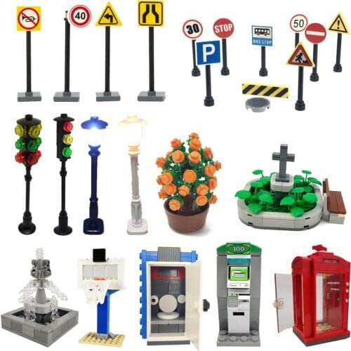 Creator City Telephone ATM Traffic Light Sign Trash Can Street View Bench Sets Toys For Children Kids Gifts City Building Blocks