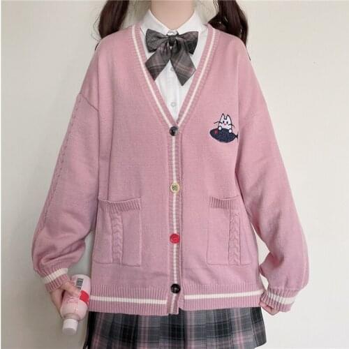 Harakuju Cartoon Cat Knitted Women Cardigan 2021 Winter V-neck Sweaters Korean Female Kawaii Cute Jumpers Girls Outwear Coat
