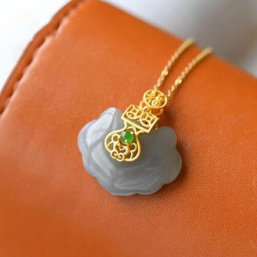 Classical Chinese Style Natural Smoke Mauve Jade Lock of Good Wishes Pendant Hetian Jade Longevity Lock Sterling Silver Vintage