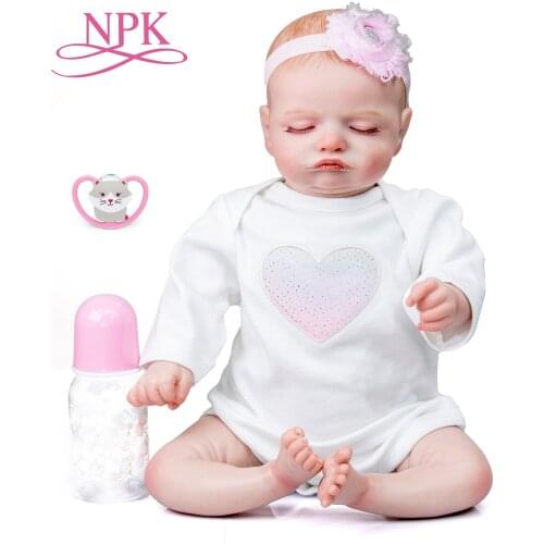 NPK 49CM Bebe Doll Reborn Baby Sleeping Girl Rosalie Soft Body Flexible Hand-Drawing Hair 3D Skin Tone with Veins premie size