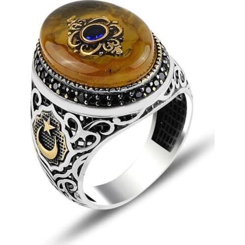 Mans 925 Silver Crescent Moon Amber Ring, Handmade 925 Silver Ring, Silver Handmade Ring for Man