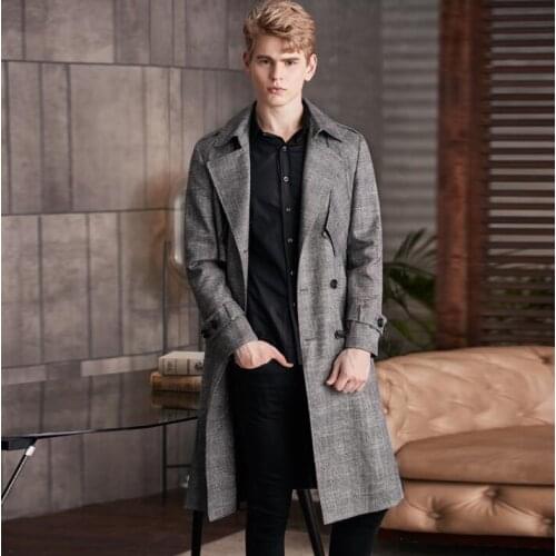 Mens trench coats man Double breasted long coat men clothes Business Casual winter grey autumn slim fit overcoat long sleeve