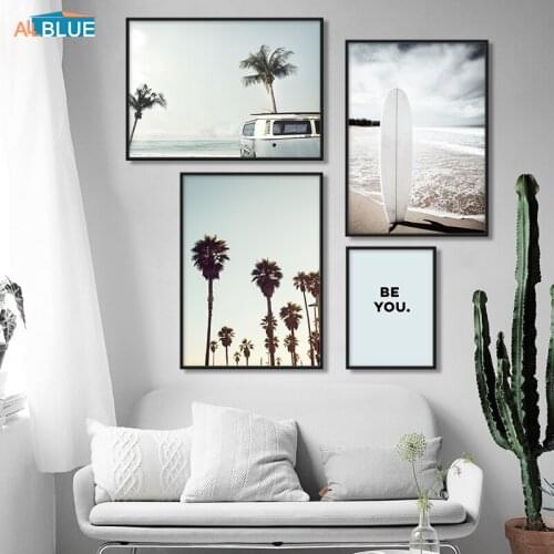 Palm Tree Bus Wall Art Canvas Painting Nordic Poster Prints Beach Surfing Minimalist Wall Pictures For Living Room Home Decor