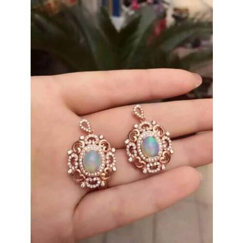 Natural opal pendant S925 silver Natural gemstone Pendant Necklace trendy Elegant retro round Hollow women party jewelry