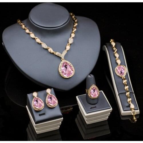 Pink Crystal Jewelry Sets for Women Wedding Set Bridal Pendants Necklace Earrings Bracelet Rings Sets Accessory