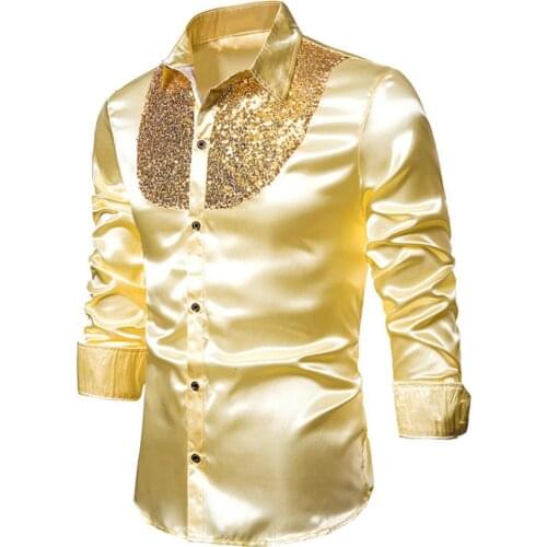 Men Shirts Solid Color Long Sleeve Shiny Sequins Buttons Stage Business Nightchlub Shirt chemise homme