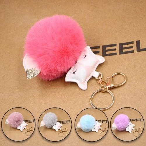 Cute Leather Fox Keychain Accessories Plush Fluffy Faux Rabbit Fur Ball Key Chains Holder Pompom Bag Charms Key Ring Llavero