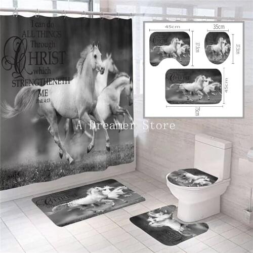 Custom White Horses Animal Shower Curtain Set Black Decor Bathroom Toilet Mat Lid Rug Curtain With12 Hooks 4Piece
