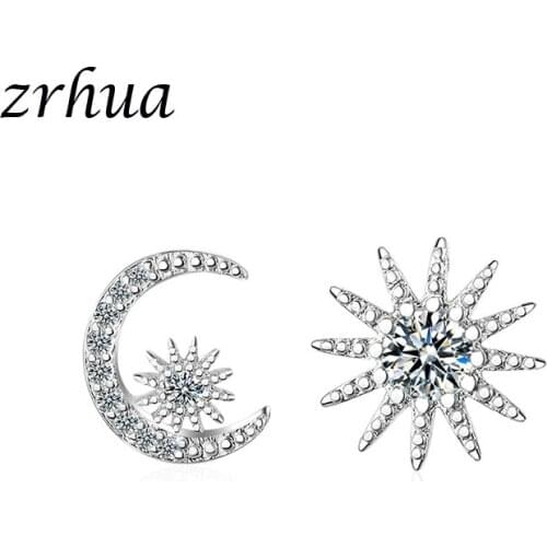 2021 New Trendy Korean Moon Star 925 Sterling Silver Stud Earrings Full Cubic Zircon Temperament Jewelry for Women Party Gifts