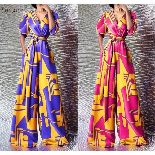 FEOGOR wide leg pants Waist bandage high waist V-neck printed waist wide-leg pants African jumpsuit Summer womens clothing