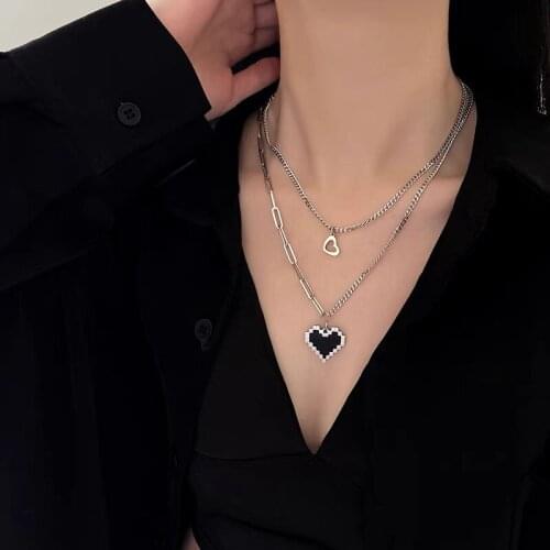 Origin Summer Double-Layer Stainless Steel Love Heart Pendant Necklace for Women Hollow Mosaic Metal Chain Necklace Jewellery