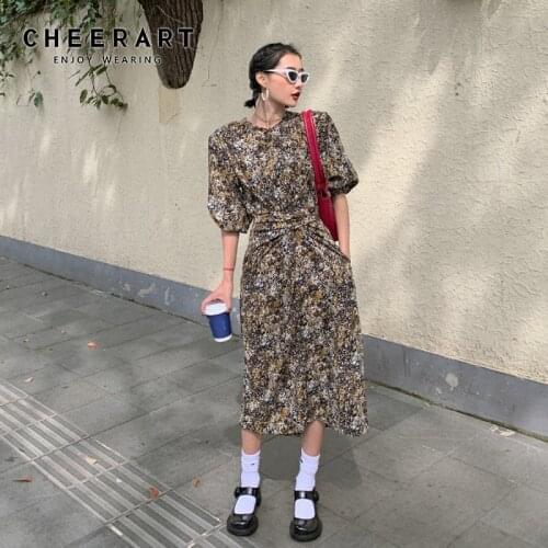 CHEERART Vintage Floral Long Sleeve Lace Up Korean Fashion Dress Women A Line Loose Knot Ladies Long Midi Dress Tunics Clothing