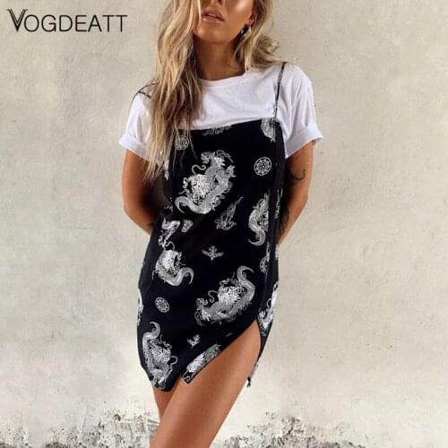 Women Sexy Mini Dragon Print Strap Dress Gothic Side Slit Backless Streetwear Party Clothes Clubwear Outfit 2020 Summer