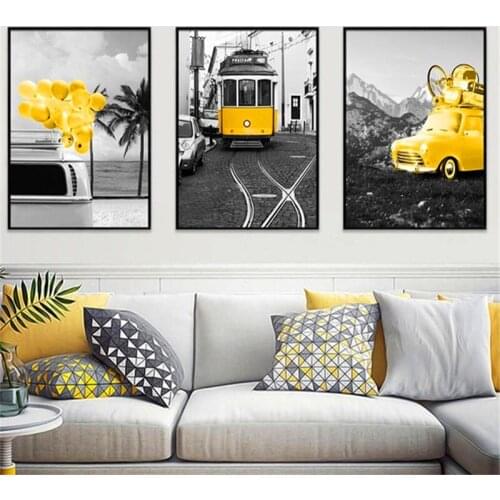 Gold Car Bus Balloon Scenery Picture Black and White Nordic Canvas Painting Home Decor Wall Art Posters and Prints for Bedroom