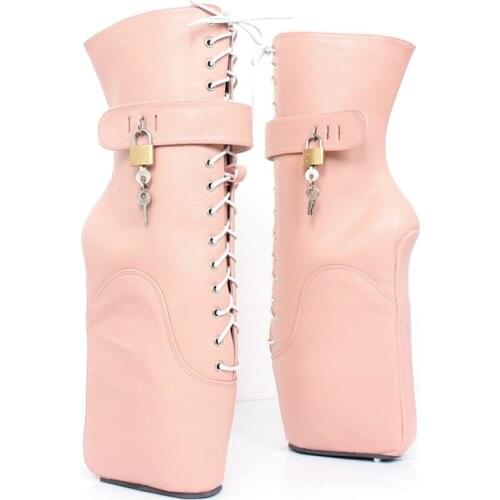 2019 New 7"/18CM Ultra High Heel Strange Wedge Ballet Boots Women Pink Sexy Fetish Cross-tied Ankle Boots With Padlocks Locks