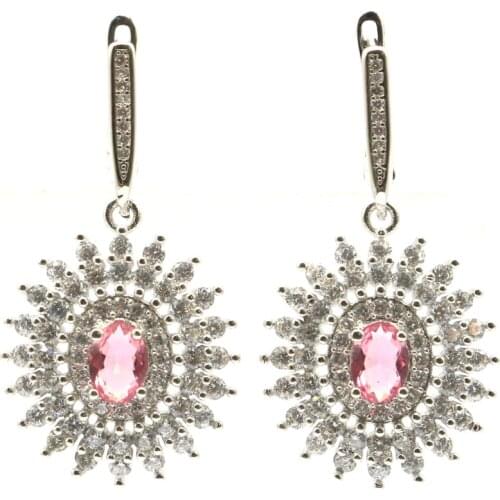 39x21mm Gorgeous Created Pink Tourmaline White CZ Gift For Womans Silver Earrings