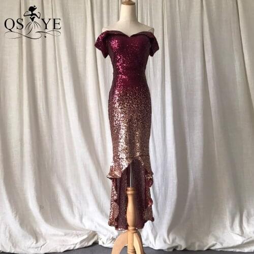 Burgundy Short Evening Dress Mermaid Side Sleeves Prom Gown Glitter Split Party Dress Off Shoulder Sequin Formal Gown Short