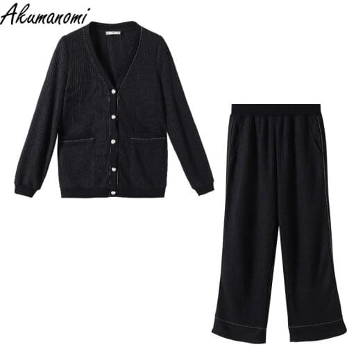 Plus size 2 Piece Set autumn sprin Two Piece pant set 2021 5xl v-neck long sleeve tops with pockets calf-length wide leg pants