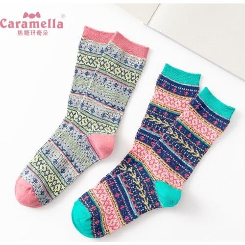 Caramella Brand Women Socks Funny British Style Ethnic Casual Happy Socks Cotton Long Knitted Geometry Chaussettes Fantaisie