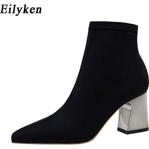 Eilyken Winter Warm Short Plush Black Boots Women Metal Square Heels Designer Slides Fashion Pointed Toe Sexy Booties Shoes