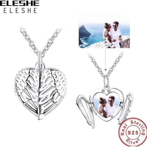 ELESHE Customized Photo Heart Necklace Pendant 925 Sterling Silver Angel Wing Necklace For Women Wedding Jewelry Christmas Gift
