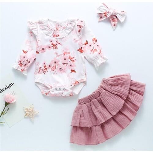 0-24M Baby Girls 3Pcs Set Round Neck Flower Print Romper Solid Pleated Bubble Skirt Bow Headband Infant Girls Summer Set