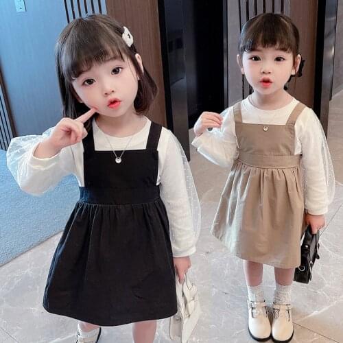 Girls' Spring And Autumn Dress Set 2021 New Childrens Korean Printing Bubble Sleeve Two Piece Set Wholesale