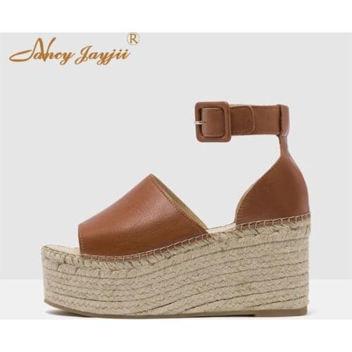 Large Size 11 13 Brown Buckle Espadrille Platform Sandals Woman Open Toe High Wedges Solid For Ladies Summer Shoes Holidays 2019