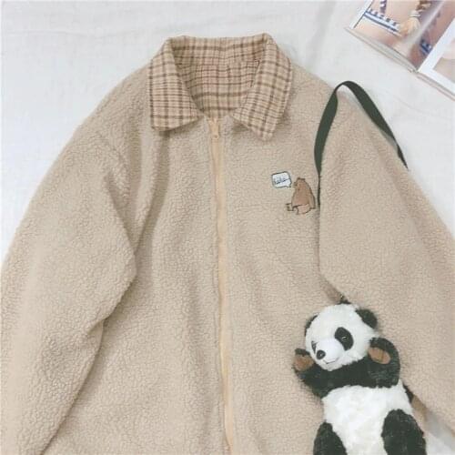 Lamb wool Coat Bear Embroidery Cute Women Student Thicken Plaid Jacket Small Fresh Soft sister Loose Long Sleeve Outer Wear Tops
