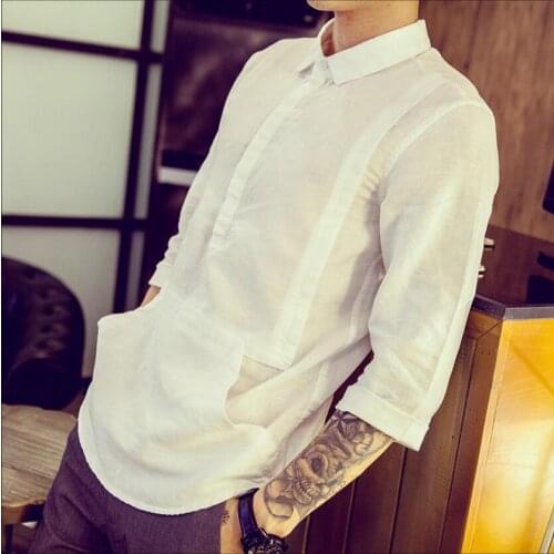 M-6xl Summer Linen White Cropped Shirts Mens Korean Style Cotton Shirts Hairstylist Plus Size Clothing Stage Singer Costumes