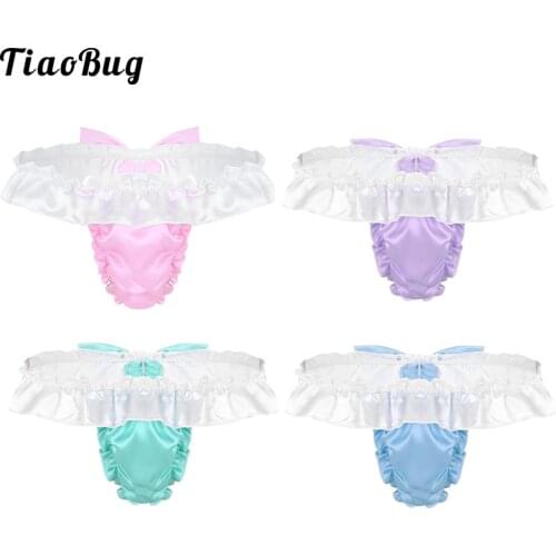TiaoBug Men Sissy Shiny Soft Satin Lingerie Ruffled Frilly Cut Bowknot High Cut Low Rise Bikini G-String Thong Underwear Panties