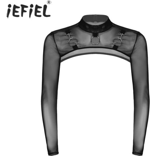 IEFiEL Male Mens Mock Neck Moto Sexy Tops Long Sleeve O-Ring Decor T-Shirt See-Through Mesh Half Crop Top Party Clubwear