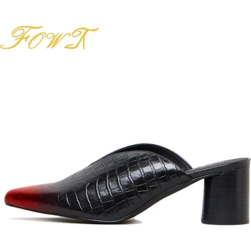 Black Mules Pumps Split Vent High Round Heels Women Pointed Toe Slip On Ladies Spring/Autumn Fashion Office Mature Shoes FOWT