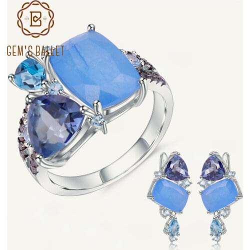 GEMS BALLET Natural Aqua-blue Calcedony Geometric Casual Jewelry 925 Sterling Silver Ring Earrings Jewelry Set For Women Gift