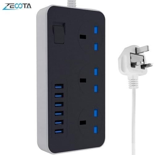 Multiple Power Strips Surge Protection 3 Way Outlets Lead UK Plug Electrical Socket USB Charger Adapter 2m/6.5ft Extension Cord