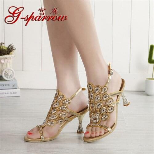 G-sparrow 2018 Summer New Style Women Golden Rhinestone Sequins High Heels Wedding Sandals Princess Shoes 8cm
