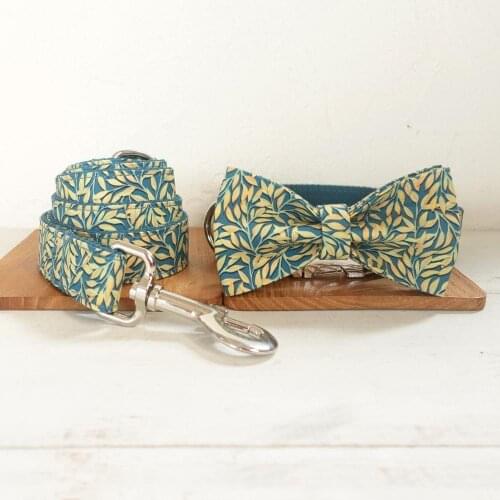 Personalized Dog Collar and Leash Set Handmade Bow Tie Designer Dog Collar for Small Large Dogs Pet Collar with Lead Green Print