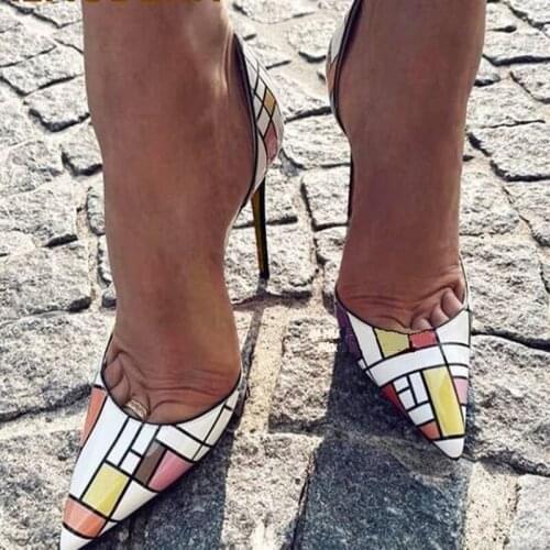 Sexy Colorblock Patent Leather Pumps Irregular Plaided Pachwork Stiletto Heels Shoes Pointed Toe Multi Printed Dress Shoes