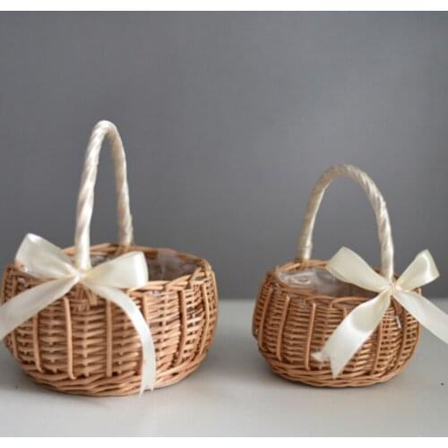 Woven Flower Basket Rattan Storage Basket Flower Girl Hand Basket Handmade Flower Basket with Bow