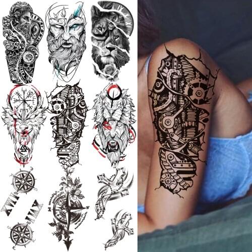 Robotic Arm Temporary Tattoos For Women Men Kids Adult Black Compass Wolf Tattoo Sticker Cross Lion Fake Evil Demon Tatoos Paper