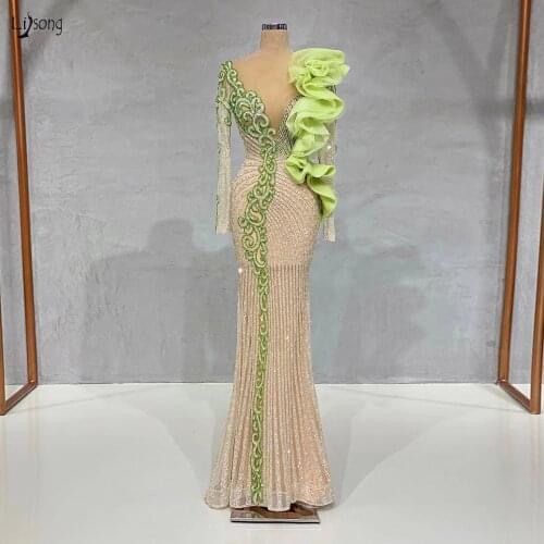 Luxury Shiny Couture Evening Dresses 2021 Lace Beaded Full Sleeves Long Mermaid Prom Gowns Alternative Wedding Dress