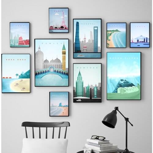 Nodic Barcelona Hawaii London New York Paris Rome Famous City Travel Poster Landscape Painting Wall Art Picture Livingroom Decor