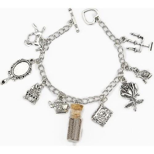 Beauty and The Beast Rose Flower Glass Bottle Candle Holder Teapot Mirror Lady Bracelet Girl Fairy Wrist Accessories Gift