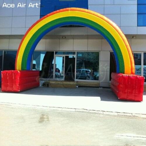 Free standing colorful curved inflatable rainbow arch,party and events entrance way with base cube for sale