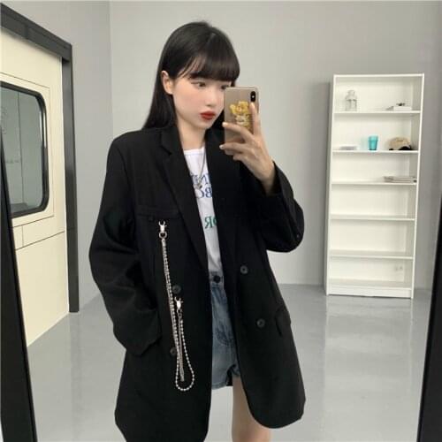TRAF 2021 Autumn Solid Blazer Jacket Womens Korean Fashion Loose V-Neck Casual Female Oversize Tangada Suits Street Chain Black