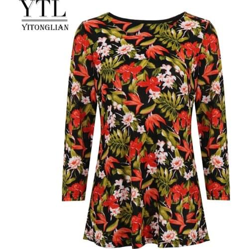 YTL Womens 2021 New Round Neck Countryside Style Floral T-shirts Casual Plus Size T Shirts Elegant Loose Fit Tunic Tops H418