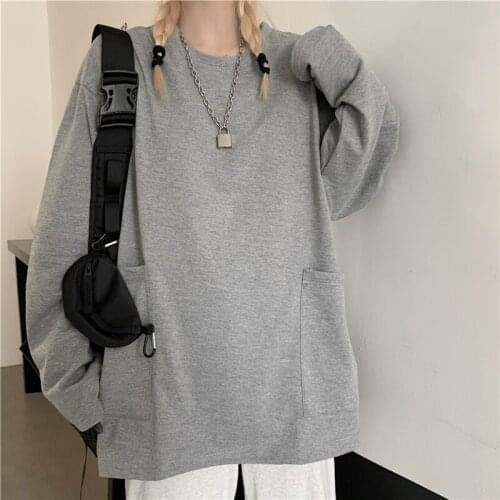 Autumn tshirt Casual Pockets O-Neck Solid Tees Creativity Loose T-Shirts Women Long Sleeve Oversize top Hip Hop Streetwear