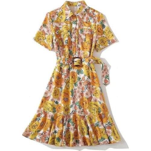 European and American womens wear for spring 2021 Short sleeve lapel Fashionable fishtail dress with floral print