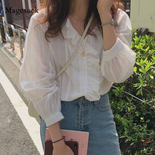 2021 Korean Style Sweet Ruffled V-neck Long Sleeve Shirt Solid Cotton Simple Womens Tops and Blouses Women Ladies Tops 8561 50